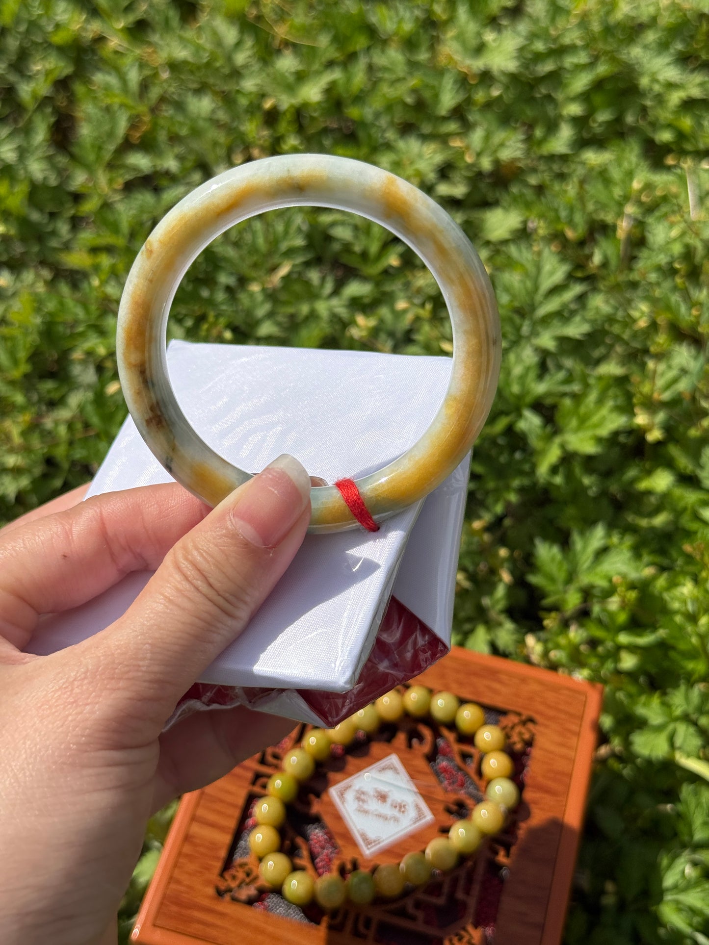 "Yellow-green jade bangle with soft floral patterns. A fresh and elegant piece, perfect for everyday wear or gifting." SIZE 51 52 53