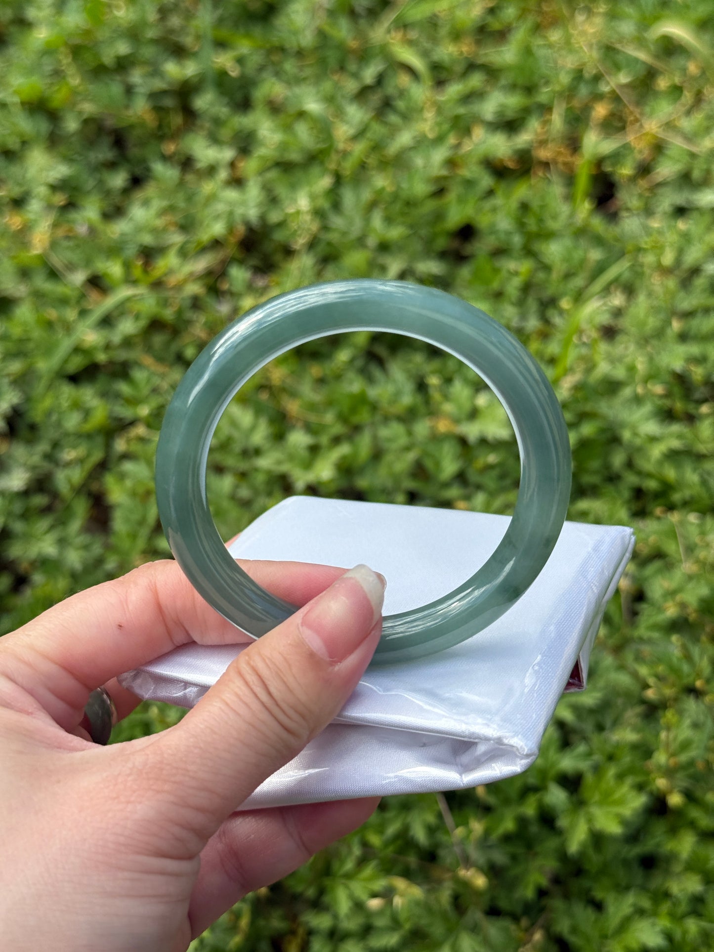 "Olive Green Jade Bangle – ‘Flying Flower’ Swirl Pattern" SIZE 53 54 55