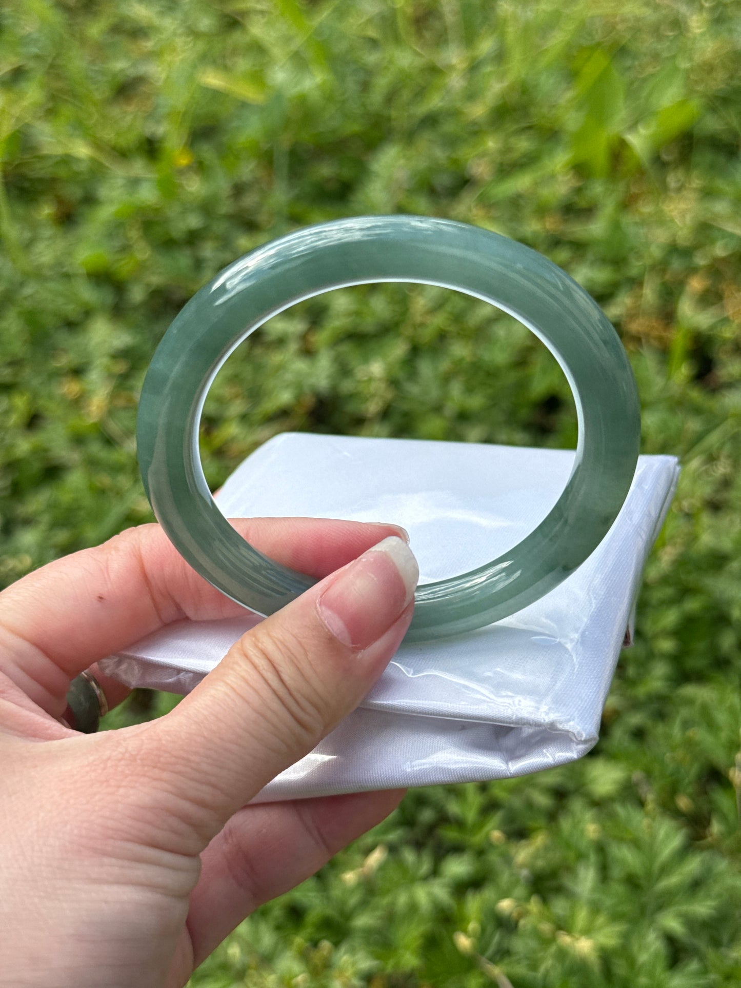 "Olive Green Jade Bangle – ‘Flying Flower’ Swirl Pattern" SIZE 53 54 55