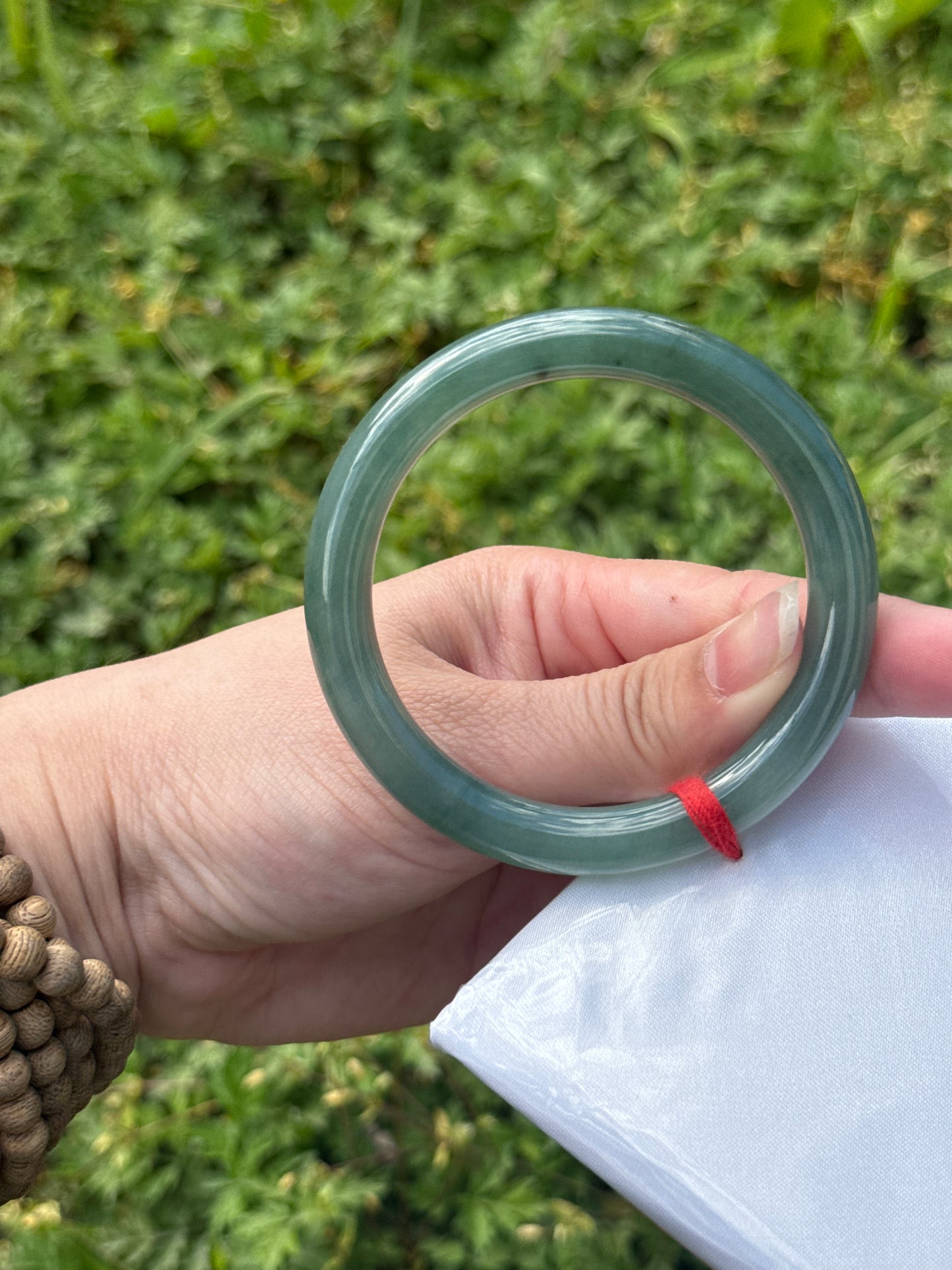 "Olive Green Jade Bangle – ‘Flying Flower’ Swirl Pattern" SIZE 53 54 55